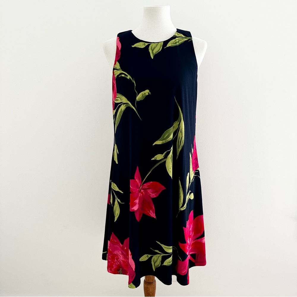 Anne Klein Bloom Print Floral Navy and Pink Sleeveless Dress Size 10